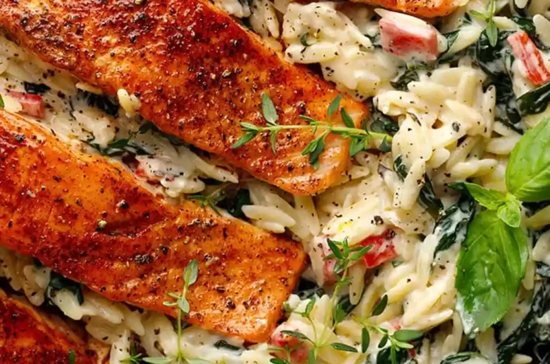 Creamy Salmon and Orzo Skillet with Spinach