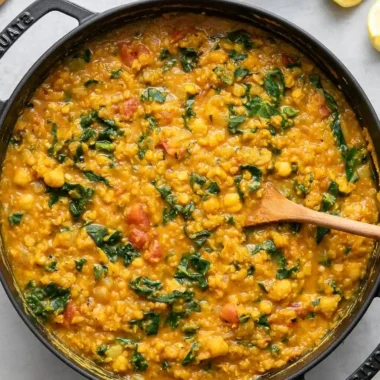 Curry Red Lentil Stew with Kale and Chickpeas