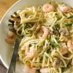 Creamy Fettuccine Alfredo with Shrimp, Asparagus and Mushrooms