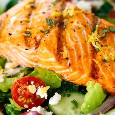 Grilled Salmon Salad with Lemon Basil Dressing