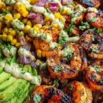 Grilled Shrimp Bowl with Avocado, Corn Salsa and Creamy Garlic Sauce