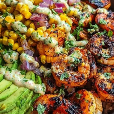 Grilled Shrimp Bowl with Avocado, Corn Salsa and Creamy Garlic Sauce