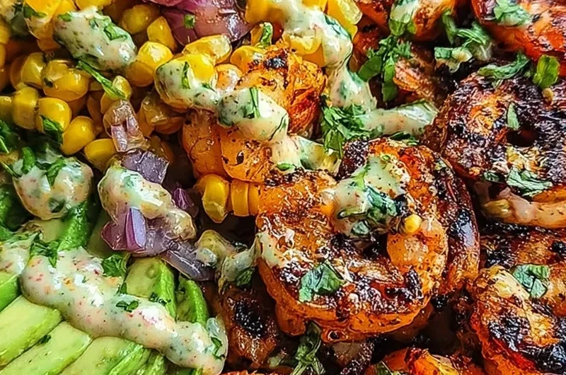 Grilled Shrimp Bowl with Avocado, Corn Salsa and Creamy Garlic Sauce
