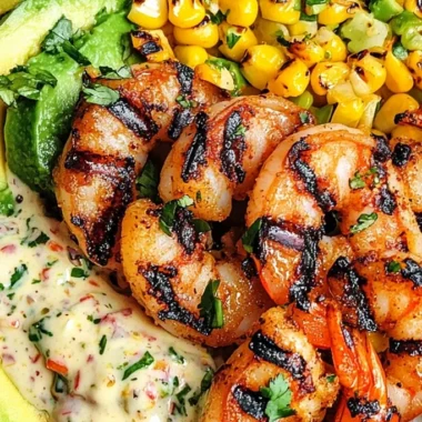 Grilled Shrimp Bowl with Avocado, Corn Salsa & Creamy Garlic Sauce