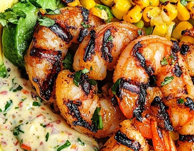 Grilled Shrimp Bowl with Avocado, Corn Salsa & Creamy Garlic Sauce