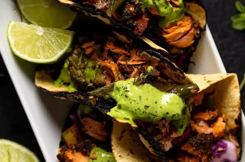 Jerk Salmon Tacos with Avocado Cilantro Lime Sauce