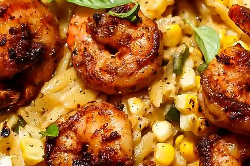 One Pan Creamed Corn Orzo with Spicy Shrimp