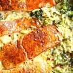 One Pot Broccoli Cheddar Salmon Orzo