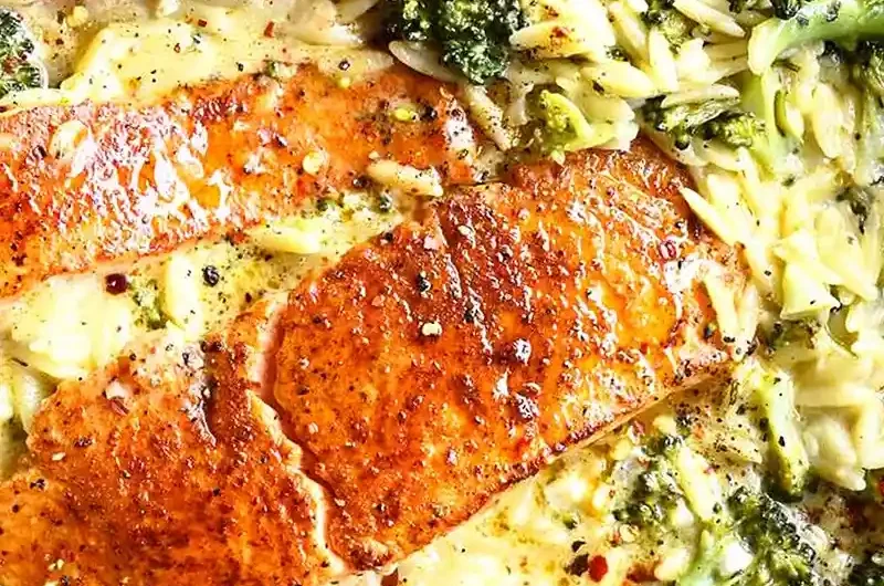 One Pot Broccoli Cheddar Salmon Orzo