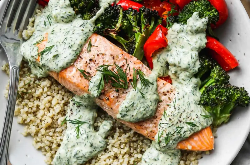 Salmon Quinoa Bowl With Tahini Dressing
