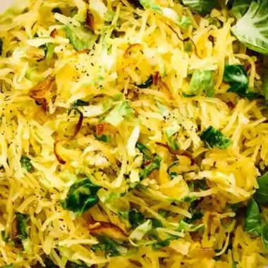 Roasted Spaghetti Squash with Brussels Sprouts and Crispy Shallots