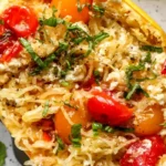 Tomato-Pesto Baked Feta Spaghetti Squash
