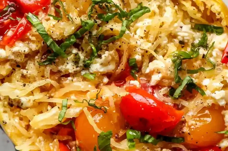 Tomato-Pesto Baked Feta Spaghetti Squash