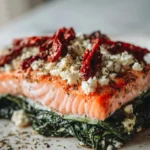 Mediterranean Baked Salmon with Wilted Spinach and Feta