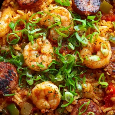 Easy Oven Baked Jambalaya with Seared Shrimp and Smoked Plant-Based Links
