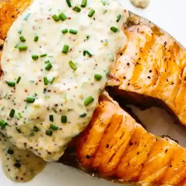 Grilled Salmon Steaks with Creamy Mustard Chive Sauce