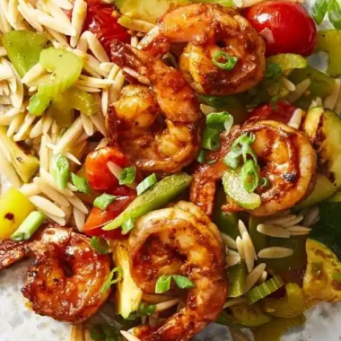 Peppery Barbecue-Glazed Shrimp with Vegetables & Orzo